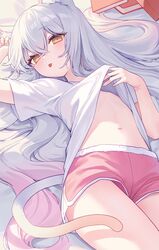  :p airi_(ugpv2858) animal_ears book cat_ears cat_girl cat_tail clothes_lift dolphin_shorts female gradient_hair highres komi_(trickcal) lifting_own_clothes long_hair looking_at_viewer lying multicolored_hair navel on_back pink_hair pink_shorts shirt shirt_lift short_sleeves shorts stomach tail tongue tongue_out trickcal very_long_hair white_hair white_shirt yellow_eyes 