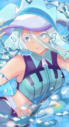  absurdres bare_shoulders blurry breasts buckle colored_eyelashes commentary_request depth_of_field female green_hair grey_hat hair_between_eyes hand_up hat hatsune_miku highres long_hair looking_at_viewer pokemon project_voltage smile solo sparkle swimsuit syobonira twintails visor_cap vocaloid water water_drop water_miku_(project_voltage) zipper_pull_tab 