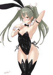  alternate_costume animal_ears black_bow black_bowtie black_leotard black_thighhighs bow bowtie breasts brown_eyes cowboy_shot detached_collar female finger_to_mouth grey_hair highres kantai_collection leotard long_hair one-hour_drawing_challenge playboy_bunny rabbit_ears side-tie_leotard simple_background small_breasts solo strapless strapless_leotard tetsukuzu_(yajirushi_shita) thighhighs twintails white_background wrist_cuffs zuikaku_(kancolle) 