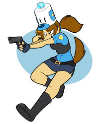  2020 4_fingers absurd_res action_pose aiming anthro belt belt_buckle biped black_belt black_boots black_clothing black_eyes black_footwear blue_bottomwear blue_clothing blue_shirt blue_skirt blue_topwear boots bottomwear breasts brown_hair brown_nose brown_tail buckle bulletproof_vest canid canine canis clothed clothed_anthro clothed_female clothing colored digital_drawing_(artwork) digital_media_(artwork) dog_ears dog_tails domestic_dog doodle_(kabula) eye_through_hair eyebrow_through_hair eyebrows eyelashes female female_anthro fingers floppy_ears footwear full-length_portrait fur gun hair handgun hat headgear headwear hi_res holding_gun holding_handgun holding_object holding_pistol holding_ranged_weapon holding_weapon kabula_(artist) mammal open_mouth pistol police police_badge police_officer police_uniform portrait pose ranged_weapon shaded shirt simple_background simple_shading skirt solo tail tan_body tan_ears tan_fur teeth three-quarter_view topwear translucent translucent_hair uniform weapon white_background white_clothing white_hat white_headwear 