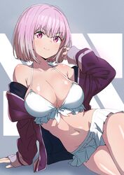  bikini blush bow breasts cleavage female frilled_bikini frills good_meat_day gridman_universe highres jacket kamidan large_breasts long_sleeves looking_at_viewer navel off_shoulder pink_hair purple_jacket red_eyes shinjou_akane shiny_skin short_hair sitting smile solo ssss.gridman swimsuit white_bikini 