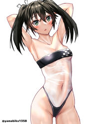  absurdres arms_behind_head black_hair breasts casual_one-piece_swimsuit cleavage cowboy_shot female green_eyes gris_swimsuit highres kantai_collection long_hair looking_at_viewer meme_attire mizuki_(uzuki_no_sato) one-piece_swimsuit simple_background small_breasts solo standing swimsuit white_background zuikaku_(kancolle) 