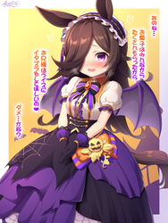  3:4 :d accessory bat_wings blush breath brown_hair clothing costume cygames dialogue dress equid equine fake_wings female hair hair_accessory hair_over_eye halloween halloween_costume hi_res holidays horse humanoid japanese_text jewelry looking_at_viewer mammal membrane_(anatomy) membranous_wings musouduki one_eye_obstructed open-mouth_smile panting purple_clothing purple_dress purple_eyes ribbons rice_shower_(pretty_derby) smile solo text uma_musume_pretty_derby v_arms wings young young_female young_humanoid 