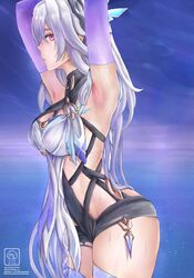  absurdres armpits arms_up bare_shoulders breasts cleavage commentary_request cowboy_shot dime-san elbow_gloves female genshin_impact gloves hair_ornament highres large_breasts long_hair looking_at_viewer pink_eyes purple_gloves revealing_clothes skirk_(genshin_impact) solo standing sweat thighs very_long_hair white_hair 