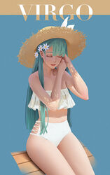  aqua_hair bikini blush closed_eyes female flower frilled_bikini frills ga_is hair_flower hair_ornament hat high-waist_bikini hip_vent long_hair midriff original shaded_face simple_background sitting strapless strapless_bikini straw_hat sun_hat swimsuit white_bikini white_flower 