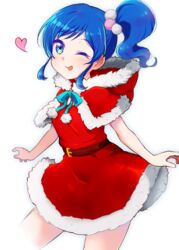  aikatsu! aikatsu!_(series) arms_at_sides belt blue_eyes blue_hair blue_ribbon breasts capelet christmas colored_eyelashes cowboy_shot dress female fur-trimmed_capelet fur-trimmed_dress fur-trimmed_hood fur_trim hair_ornament heart hood hood_down hooded_capelet kiriya_aoi light_blush looking_at_viewer mo_sabo one_eye_closed pom_pom_(clothes) pom_pom_hair_ornament red_belt red_capelet red_dress ribbon santa_dress short_dress short_hair side_ponytail sidelocks simple_background small_breasts smile solo swept_bangs wavy_hair white_background 