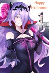  3girls absurdres alternate_costume bare_shoulders black_dress black_gloves breasts camilla_(fire_emblem) cleavage corrin_(female)_(fire_emblem) corrin_(female)_(halloween)_(fire_emblem) corrin_(fire_emblem) dress elbow_gloves elise_(fire_emblem) fangs fire_emblem fire_emblem_fates fire_emblem_heroes gloves hair_over_one_eye halloween_costume happy_halloween hat highres long_hair looking_at_viewer multiple_girls nenemu0 official_alternate_costume purple_eyes purple_hair siblings sisters smile twitter_username witch_hat 