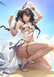  absurdres animal_ears armband bikini black_bikini blue_sky braid breasts chinese_commentary commentary_request fake_animal_ears feet female gold_hairband hair_between_eyes hairband high_heels highres legs long_hair mauxir_(snowbreak) mole mole_under_eye navel sand sandals see-through shanyao_jiang_tororo skindentation sky snowbreak:_containment_zone solo squatting swimsuit swimsuit_cover-up thigh_strap thighs toenails toes twin_braids wet 