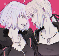  2girls ahoge anger_vein artoria_pendragon_(fate) black_jacket black_ribbon blonde_hair bob_cut breasts cleavage collarbone commentary_request confrontation fate/grand_order fate_(series) forehead-to-forehead frown fur-trimmed_jacket fur_trim furrowed_brow glaring hair_ribbon half-closed_eyes heads_together highres jacket jeanne_d&#039;arc_alter_(fate) jeanne_d&#039;arc_alter_(ver._shinjuku_1999)_(fate) jewelry large_breasts long_hair low_ponytail medium_breasts multiple_girls necklace open_clothes open_jacket open_mouth pale_skin pink_background ribbon saber_alter saber_alter_(ver._shinjuku_1999)_(fate) scowl short_hair simple_background smile upper_body v-shaped_eyebrows white_hair yellow_eyes zumu_(quw87) 