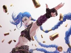  absurdres arcane:_league_of_legends arcane_jinx arm_tattoo asymmetrical_bangs black_gloves blue_eyes blue_hair blue_nails braid bullet chilom cowboy_shot crop_top female fingerless_gloves fingernails gloves gradient_background highres jinx_(league_of_legends) korean_commentary league_of_legends long_hair nail_polish navel outstretched_arms simple_background smile solo stomach tattoo teeth twin_braids v-shaped_eyebrows 