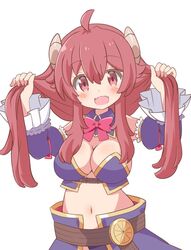  :d ahoge bad_id bad_pixiv_id bare_shoulders blush bow bowtie breasts bunching_hair cleavage commentary_request crisis_management_form_(machimazo) curled_horns demon_girl demon_horns demon_tail detached_collar detached_sleeves fangs female frilled_sleeves frills hands_up holding holding_own_hair horns large_breasts long_hair long_sleeves looking_at_viewer machikado_mazoku navel open_mouth pink_bow pink_bowtie pon_sugar red_eyes red_hair sidelocks simple_background skin_fangs smile solo stomach tail twintails upper_body very_long_hair wavy_hair white_background wide_sleeves yoshida_yuuko_(machikado_mazoku) 