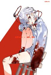  1boy artist_name bandage_on_face bandaged_arm bandaged_leg bandages bandaid bandaid_on_face bandaid_on_leg blood blood_on_bandages blood_on_clothes chair hair_between_eyes halo head_rest head_tilt highres ierotak joshua_(resonance_solstice) knee_up long_sleeves looking_at_viewer male_focus red_eyes resonance_solstice shirt shorts sitting solo tongue tongue_out white_hair white_shirt white_shorts 