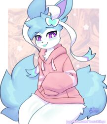  ambiguous_gender anthro anthrofied biped blue_blush blue_body blue_fur blush clothed clothing eeveelution fan_character fur generation_6_pokemon hoodie looking_at_viewer male_(lore) milk_the_sylveon_(toxicmilkyx) nintendo pastel_theme pokemon pokemon_(species) purple_eyes solo sylveon tongue tongue_out topwear toxicmilkyx trans_(lore) trans_man_(lore) white_body white_fur 