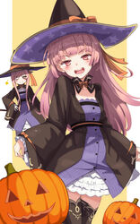  2girls :d atelier_(series) atelier_ayesha atelier_lydie_&amp;_suelle black_headwear black_jacket blush bow brown_eyes closed_mouth cosplay cowboy_shot dress frilled_dress frills hand_on_own_hip hat hat_bow highres in-franchise_crossover jack-o&#039;-lantern jacket long_hair long_sleeves looking_at_viewer multiple_girls one_eye_closed open_mouth orange_bow pink_eyes pink_hair print_headwear purple_dress smile standing star_(symbol) star_print suelle_marlen thighhighs wide_sleeves wilbell_voll-ersleid wilbell_voll-ersleid_(cosplay) witch witch_hat yanu 