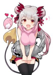  3x3_eyes :d animal_print ayanokouji_pai ayanokouji_pai_(cosplay) black_thighhighs blush breasts breasts_squeezed_together brown_eyes commentary_request cosplay cowboy_shot creature demon_horns demon_tail female gradient_hair grey_hair hair_ribbon heart highres honey_strap horns hueio jyaco large_breasts long_hair looking_at_viewer medium_bangs multicolored_hair nanashi_inc. oerba_yun_fang open_mouth pink_hair pink_shirt pointy_ears print_cape red_horns red_ribbon red_shorts ribbon shirt shorts sidelocks simple_background sleeveless sleeveless_shirt smile solo suou_patra tail thighhighs tiger_print transparent_background turtleneck virtual_youtuber waist_cape 