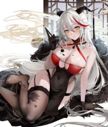  absurdres aegir_(azur_lane) aegir_(golden_dragon_among_auspicious_clouds)_(azur_lane) arm_support azur_lane bare_arms bare_shoulders black_dress black_garter_straps black_gloves black_thighhighs blush breasts calligraphy_brush china_dress chinese_clothes cleavage commentary_request covered_navel criss-cross_halter dragon_horns dress earrings feet female foot_out_of_frame frown garter_straps gloves hair_between_eyes halterneck hand_up highres holding holding_calligraphy_brush holding_paintbrush horn_ornament horns incense ink ink_on_breast ink_on_clothes ink_on_face ink_stain jewelry leaning_to_the_side legs long_hair momokan_(kandume200) multicolored_hair no_shoes official_alternate_costume paintbrush panty_straps parted_lips pelvic_curtain red_dress red_hair sitting sleeveless sleeveless_dress slit_pupils smile smoke solo streaked_hair sweat tassel thighhighs thighs toes two-tone_dress variant_set white_background white_hair yellow_eyes yokozuwari 