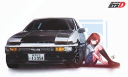  absurdres blue_skirt brown_eyes brown_footwear brown_hair car female fujiwara_takumi&#039;s_toyota_trueno_ae86 head_tilt highres holding_own_arm initial_d license_plate logo looking_at_viewer looking_to_the_side mizzterbii motor_vehicle pleated_skirt school_uniform serafuku shadow shirt shoes signature sitting skirt solo toyota toyota_sprinter_trueno uehara_mika vehicle_focus white_shirt 