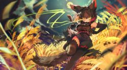  absurdres animal_ear_fluff animal_ears animal_print armpits bare_shoulders black_hair black_serval_(kemono_friends) black_shirt blonde_hair blurry blurry_foreground blush bow bowtie breasts cat_ears cat_girl cat_tail elbow_gloves eye_trail female fisheye foot_up fur_scarf gloves glowing glowing_eyes hair_between_eyes high-waist_skirt highres impossible_clothes kemono_friends kemono_friends_3 light_trail medium_breasts melaton miniskirt moon multicolored_hair night night_sky outdoors parted_lips print_bow print_bowtie print_gloves print_scarf print_skirt red_hair running scarf serval_print shirt skirt sky sleeveless sleeveless_shirt slit_pupils tail thighhighs yellow_eyes zettai_ryouiki 