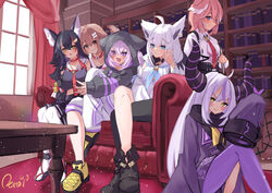  5girls absurdres ahoge animal_ears aqua_eyes black_footwear black_hair black_shirt black_shorts black_skirt blush bone_hair_ornament bookshelf braid breasts brown_hair cat_ears cat_girl choker closed_mouth coat coat_dress collar collared_shirt detached_sleeves dog_ears dog_girl dress feet_out_of_frame fox_ears fox_girl grey_shorts hair_ornament hairpin head_wings high_heels highres hololive hood hood_up hoodie inugami_korone inugami_korone_(1st_costume) la+_darknesss la+_darknesss_(1st_costume) long_hair looking_at_viewer medium_breasts multicolored_hair multiple_girls necktie oerba_yun_fang on_chair ookami_mio ookami_mio_(1st_costume) open_mouth pantyhose pink_hair purple_coat purple_eyes purple_hair purple_hoodie purple_pantyhose red_choker red_collar red_curtains red_hair red_necktie reitou_mkn shirakami_fubuki shirakami_fubuki_(1st_costume) shirt shoes short_hair shorts single_braid single_leg_pantyhose single_thighhigh skin_fang skirt sleeves_past_fingers sleeves_past_wrists smile streaked_hair takane_lui takane_lui_(1st_costume) thighhighs very_long_hair virtual_youtuber white_dress white_hair white_hoodie white_shirt white_sleeves white_thighhighs wings wolf_ears wolf_girl yellow_eyes yellow_footwear 