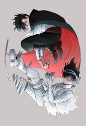  2boys ascot bags_under_eyes bandaged_hand bandages black_cape black_footwear black_hair black_pants boku_no_hero_academia cape dual_persona eraser_head_(boku_no_hero_academia) facial_hair fingernails floating grey_background highres male_focus moustache multiple_boys mummy_costume pants rnuyvm sharp_fingernails shirt short_hair simple_background sparse_stubble vampire_costume white_ascot white_footwear white_pants white_shirt 