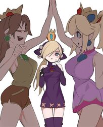  3girls alternate_breast_size blonde_hair bracelet breast_envy breasts brooch brown_hair crown dress high_five highres hooded_dress jewelry mario_(series) mario_power_tennis mario_tennis mini_crown multiple_girls no_panties official_alternate_costume parted_bangs pea_(poopingirl) princess_daisy princess_peach short_dress short_shorts shorts sleeveless smile spiked_bracelet spikes tennis_daisy tennis_peach warupeach 