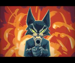  abstract_background anthro black_bars clothed clothing domestic_cat ellipsisarts felid feline felis fully_clothed green_eyes gun handgun hi_res holding_gun holding_handgun holding_object holding_pistol holding_ranged_weapon holding_weapon lackadaisy letterbox looking_at_viewer male mammal mordecai_heller pistol pointing_gun_at_viewer pupils ranged_weapon slit_pupils solo weapon 