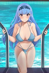  armpit_crease bare_shoulders bikini blue_bikini blue_hair blush breasts brown_eyes camilitrox_cr cleavage collarbone english_commentary eyelashes female fire_emblem fire_emblem:_three_houses fire_emblem_warriors:_three_hopes highres large_breasts long_hair looking_at_viewer marianne_von_edmund navel official_alternate_hairstyle pool smile solo swimsuit water 