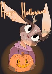  3_fingers ambiguous_gender anthro antlers black_background black_eyes buckteeth clothing english_text eyelashes fingers food fruit fur grey_body grey_ears grey_fur half-length_portrait halloween head_tilt hi_res holding_object holding_pumpkin holidays hoodie horn jack-o&#039;-lantern jackalope jupiter_(sweetvixenarts) lagomorph light lighting long_ears looking_up mammal orange_text paws pink_clothing pink_hoodie pink_nose pink_topwear plant portrait pumpkin simple_background snout solo sweetvixenarts tan_antlers teeth text topwear two_tone_text white_inner_ear white_text 