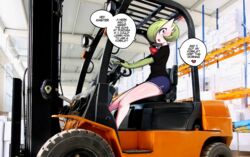  black_shirt blue_shorts blush bob_cut breasts clothed_pokemon colored_skin commentary dolphin_shorts driving earrings english_commentary english_text female forklift forklift_certified_(meme) from_side gardevoir green_hair green_skin hair_over_one_eye happy heart highres indoors jewelry legs looking_at_viewer meme motor_vehicle multicolored_skin one_eye_covered open_mouth photo_background pokemon pokemon_(creature) red_eyes saltyxodium shiny_skin shirt short_hair short_shorts short_sleeves shorts side_slit sitting small_breasts smile solo speech_bubble spoken_heart steering_wheel talking teeth thighs two-tone_skin warehouse white_skin 