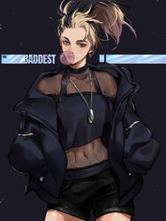  akali black_choker black_eyeshadow black_hair black_jacket black_shorts blonde_hair blue_eyes bodystocking breasts chewing_gum choker cowboy_shot crop_top dark_background diamond_earrings dog_tags drop_earrings earrings eyeshadow female fishnet_top fishnets hands_in_pocket jacket jewelry k/da_(league_of_legends) league_of_legends looking_at_viewer makeup mascara medium_breasts multicolored_hair navel off_shoulder open_clothes open_jacket ponytail prangty red_lips see-through shorts solo streaked_hair the_baddest_akali toned two-tone_hair undercut 