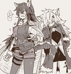  2girls animal_ear_fluff animal_ear_piercing animal_ears arknights blush clenched_teeth closed_eyes coat cowboy_shot dress fingerless_gloves food gloves grey_background greyscale hair_ornament hairclip hand_in_pocket highres holding_another&#039;s_tail lappland_(arknights) lappland_(refined_horrormare)_(arknights) laughing long_hair material_growth monochrome multiple_girls mutomorokoshi necktie official_alternate_costume open_clothes open_coat open_mouth oripathy_lesion_(arknights) pantyhose pantyhose_under_shorts pocky sharp_teeth shorts simple_background tail tail_grab tail_pull teeth texas_(arknights) texas_the_omertosa_(arknights) v-shaped_eyebrows vest white_hair wince wolf_ears wolf_girl wolf_tail 