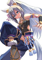  animal_ears armpits baggy_pants bare_shoulders blue_eyes blue_pants breasts commentary_request ear_covers ear_ornament feet female foot_out_of_frame fur-trimmed_footwear fur_trim grin highres horse_ears horse_girl long_hair looking_at_viewer official_alternate_costume official_alternate_hairstyle pants ponytail rope shimenawa shirt simple_background sleeveless sleeveless_shirt small_breasts smile solo tamamo_cross_(fierce_thunder_god)_(umamusume) tamamo_cross_(umamusume) umamusume very_long_hair white_background yuutopia 