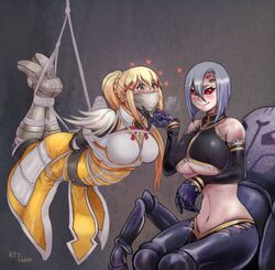  2girls arachne armored_boots arthropod_girl blonde_hair blush bondage bondage boobplate boots bound braid breasts claws cloth_gag commentary covered_nipples crossover darkness_(konosuba) detached_sleeves english_commentary extra_eyes femdom gag gagged hair_between_eyes hair_ornament heart highres hip_armor improvised_gag interspecies kanojo_okarishimasu kittsri999 kono_subarashii_sekai_ni_shukufuku_wo! large_breasts long_hair masochism monster_girl monster_musume_no_iru_nichijou multiple_girls multiple_legs navel over_the_mouth_gag rachnera_arachnera red_eyes short_hair silk smile spider_girl spider_web taur underboob x_hair_ornament yuri 