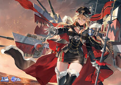  absurdres aiguillette azur_lane bismarck_(azur_lane) blonde_hair cannon coat_of_arms cowboy_shot cross flag german_flag gloves hair_between_eyes hat highres holding holding_scepter imperial_german_flag long_hair medal military_hat military_uniform miniskirt official_art okku open_hand outstretched_arms peaked_cap pencil rigging scepter skirt thighhighs uniform white_gloves 