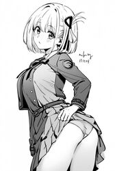  ass bad_id bad_pixiv_id blush bob_cut clothes_lift female from_behind hair_ornament lycoris_recoil lycoris_uniform malrangaru monochrome nishikigi_chisato panties school_uniform short_hair skirt skirt_lift solo underwear 