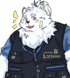  anthro bandage bandage_on_face belly blue_eyes blush canid canine canis clothing domestic_dog fur hi_res jewelry jinbe_001 lifewonders live_a_hero male mammal necklace nordic_sled_dog overweight overweight_male samoyed solo spitz topwear vest white_body white_fur yohack 