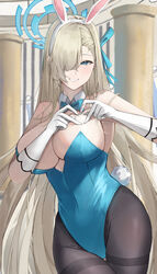  animal_ears asuna_(blue_archive) asuna_(bunny)_(blue_archive) bare_shoulders black_pantyhose blonde_hair blue_archive blue_bow blue_bowtie blue_halo blue_leotard bow bowtie breasts cleavage commentary_request covered_navel detached_collar fake_animal_ears fake_tail female gloves hair_over_one_eye halo heart heart_hands highres large_breasts leotard long_hair looking_at_viewer official_alternate_costume pantyhose playboy_bunny rabbit_ears rabbit_tail ref_(pmxt4483) solo standing strapless strapless_leotard tail very_long_hair white_gloves 