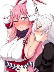  2girls absurdres alternate_eye_color animal_ears armpits arms_behind_head black_dress blush breasts bright_pupils closed_mouth detached_sleeves dress fox_ears highres honkai_(series) honkai_impact_3rd japanese_clothes jewelry kallen_kaslana kimono large_breasts licking licking_armpit long_hair multiple_girls nontraditional_miko nun obi one_eye_closed physisyoon pink_eyes pink_hair ribbon-trimmed_sleeves ribbon_trim ring sash shirt short_kimono simple_background upper_body white_background white_kimono white_pupils white_shirt white_sleeves yae_sakura yae_sakura_(gyakushinn_miko) yuri 