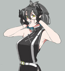  absurdres armpits belt biting black-framed_eyewear black_dress black_gloves blue_hair breasts colored_inner_hair commentary cowboy_shot dress female glasses glove_biting gloves grey_background grey_hair grin hair_between_eyes highres long_bangs looking_at_viewer medium_breasts multicolored_hair nanashi_inc. oura_rukako panyatteria round_eyewear short_hair simple_background sleeveless sleeveless_dress smile solo streaked_hair virtual_youtuber white_belt yellow_eyes 