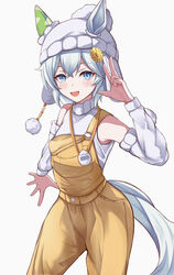  animal_ears arms_up bare_shoulders beanie blue_eyes blue_hair blush commentary_request cowboy_shot detached_sleeves ear_covers ears_through_headwear female hair_between_eyes hair_ornament hairclip hat highres horse_ears horse_girl lanyard long_sleeves looking_at_viewer official_alternate_costume open_mouth orange_overalls overalls peperoncino-sama seiun_sky_(umamusume) short_hair single_ear_cover sleeveless sleeveless_sweater solo sweat sweater tamagotchi tamagotchi_(virtual_pet) teeth turtleneck turtleneck_sweater umamusume upper_teeth_only w 