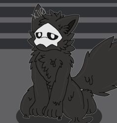  .xil0. anthro changed_(video_game) dripping fluffy fluffy_tail glistening glistening_body goo_creature hi_res huggable kneeling looking_at_viewer male mask monochrome outline puro_(changed) simple_background skull_dog solo tail watermark 