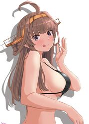  ahoge bikini black_bikini breasts brown_hair double_bun female grey_eyes hair_bun hairband headgear highres jouzaburou_(joe3) kantai_collection kongou_(kancolle) large_breasts long_hair looking_at_viewer shadow simple_background solo swimsuit tongue tongue_out upper_body white_background 