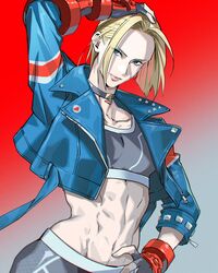  abs absurdres blonde_hair blue_eyes cammy_white cowboy_shot crop_top female fingerless_gloves gloves gradient_background hand_on_own_hip highres jacket leather leather_jacket muscular muscular_female nshi solo spikes street_fighter street_fighter_6 studded tomboy two-tone_background 