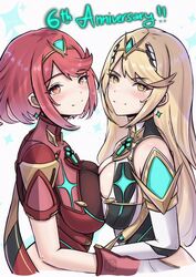  2girls anniversary armor blonde_hair blush breast_press breasts chascoby chest_jewel cleavage_cutout clothing_cutout core_crystal_(xenoblade) drop_earrings earrings highres jewelry large_breasts long_hair multiple_girls mythra_(xenoblade) pyra_(xenoblade) red_hair short_hair shoulder_armor smile swept_bangs symmetrical_docking tiara very_long_hair xenoblade_chronicles_(series) xenoblade_chronicles_2 yellow_eyes 