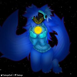  1:1 3_toes 4_fingers anthro big_breasts blue_body blue_fur blue_hair bottomless breasts claws clothed clothing cosmic_background evil_face evil_grin feet female fingers floating fluffy fluffy_hair fluffy_tail fur glowing hair hi_res holding_object hoodie hoodie_only inner_ear_fluff long_hair long_tail machine macro macro_female macro_focus mammal pawpads paws protogen protogen_visor raised_tail smile sokoyo_owo solo space space_background star starry_(sokoyo_owo) sun tail terra_macro thick_thighs toes topwear topwear_only tuft 