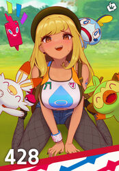  absurdres alternate_costume alternate_hairstyle beret black_footwear black_nails blonde_hair blue_shorts blush breasts brown_eyes commentary day dynamax_band eyelashes female fishnet_pantyhose fishnets gloria_(pokemon) grookey hat highres long_hair looking_at_viewer nail_polish nervous_smile notice_lines open_mouth outdoors pantyhose pokemon pokemon_(creature) pokemon_swsh puuun_(spnc5227) raised_eyebrows revision rotom rotom_phone scorbunny shoes shorts sitting smile sobble sports_bra starter_pokemon_trio strap sweatdrop teeth tongue trainer_card upper_teeth_only 