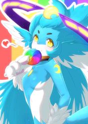  anthro bicolored_fur blue_body blue_fur breasts chirame colorful_background colorful_theme containing_food crystals_on_the_body featureless_breasts female fengyi_origami fur heart_pattern holding_food_in_mouth hybrid mammal markings moon_(marking) seer_(copyright) solo sparklefur taomee white_body yellow_eyes 