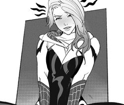  blush bodysuit breasts cbb_(tuucoo) eyebrow_piercing female greyscale gwen_stacy head_tilt hood hooded_bodysuit looking_at_viewer marvel medium_breasts medium_hair monochrome notice_lines parted_lips piercing shirt smile solo spider-gwen spider-man:_across_the_spider-verse spider-man_(series) spider-verse sweatdrop 