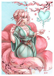  accessory anthro asian_clothing asian_mythology big_breasts breasts canid canine cherry_blossom cherry_blossom_tree cherry_tree chest_tuft choker chopsticks_in_hair claws clothing east_asian_clothing east_asian_mythology female flower fox fox_spirit foxinajacket freckles fruit_tree generation_1_pokemon hair hair_accessory hi_res japanese_clothing japanese_mythology jewelry kimono magic magic_user mammal mythology necklace ninetales nintendo paws pink_body pink_hair plant pokemon pokemon_(species) prunus_(flower) robe sasha_valiski smoke solo spots teal_clothing teal_eyes tree tuft 