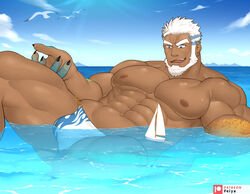  1boy abs aegir_(housamo) aqua_hair ass_visible_through_thighs bara beard blue_eyes boat bulge dark-skinned_male dark_skin earrings facial_hair feet_out_of_frame feiya6022 fins fish_boy giant giant_male highres jewelry large_pectorals male_focus male_swimwear mature_male multicolored_hair muscular muscular_male navel nipples ocean official_alternate_costume outdoors paid_reward_available pectorals raised_eyebrow sanpaku short_hair sky solo spread_legs stomach streaked_hair strongman_waist swim_briefs thick_thighs thighs tokyo_afterschool_summoners topless_male water watercraft white_hair white_male_swimwear 